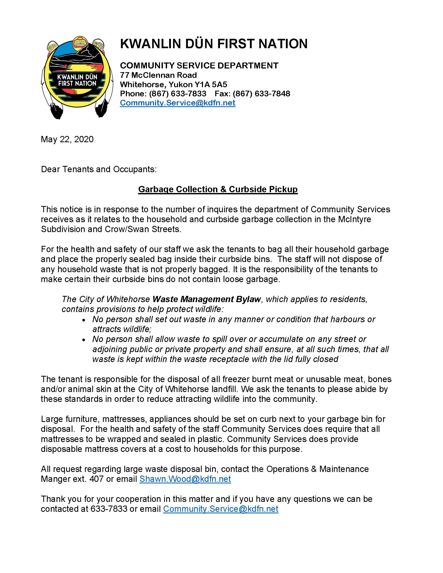 Community Services Garbage Notice Kwanlin Dün First Nation